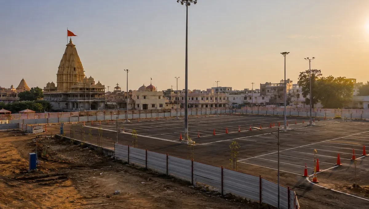 Khatu Shyam Ji Sanwalpura modern parking master plan 2026 — high-mast lights, fencing और marked bays