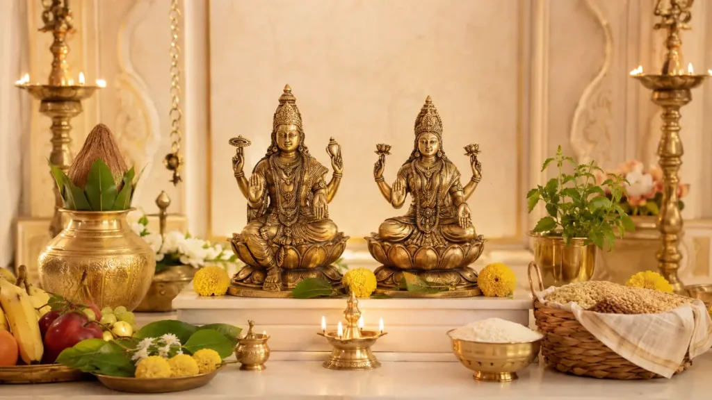 अक्षय तृतीया पूजा विधि के लिए सजी पूजा चौकी और प्रमुख सामग्री