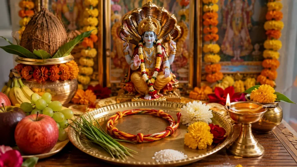 अनंत चतुर्दशी पूजा विधि के लिए सजी पूजा चौकी और प्रमुख सामग्री