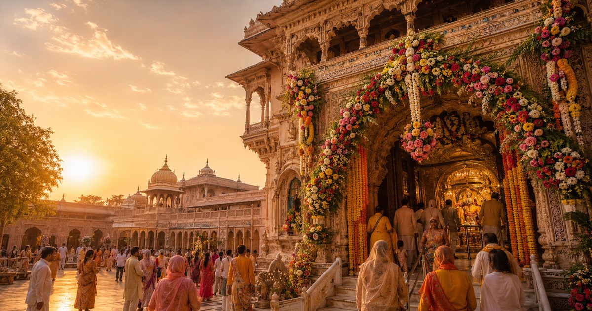 फूलों से सजा बांके बिहारी मंदिर वृंदावन और दर्शन के लिए आते श्रद्धालु