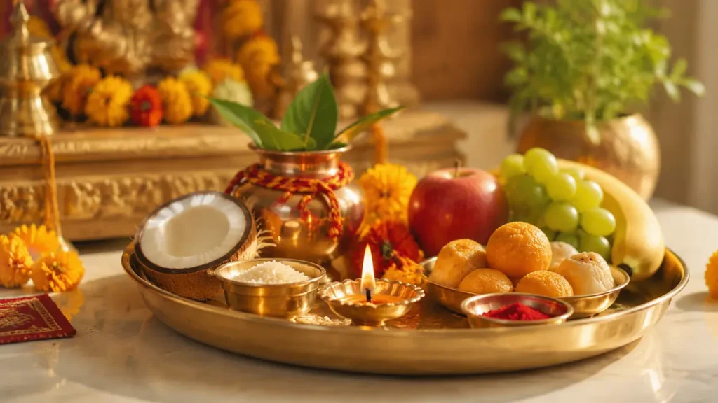 भाई दूज पूजा विधि के लिए सजी पूजा चौकी और प्रमुख सामग्री