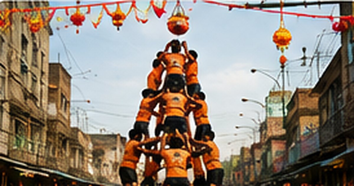 दही हांडी 2026 में सुरक्षित मानव पिरामिड बनाते गोविंदा दल की उत्सवी छवि