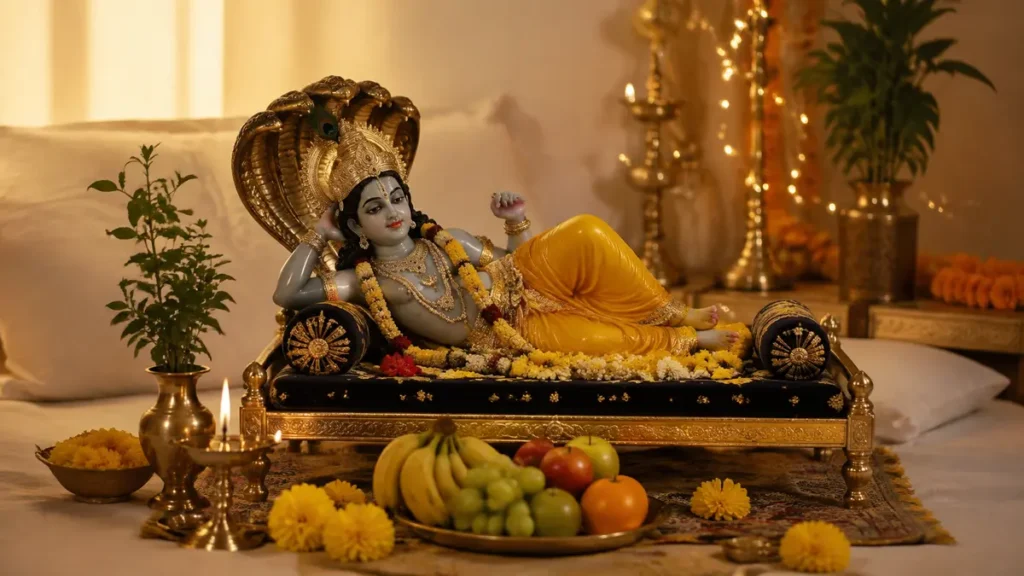 देवशयनी एकादशी पूजा विधि के लिए सजी पूजा चौकी और प्रमुख सामग्री
