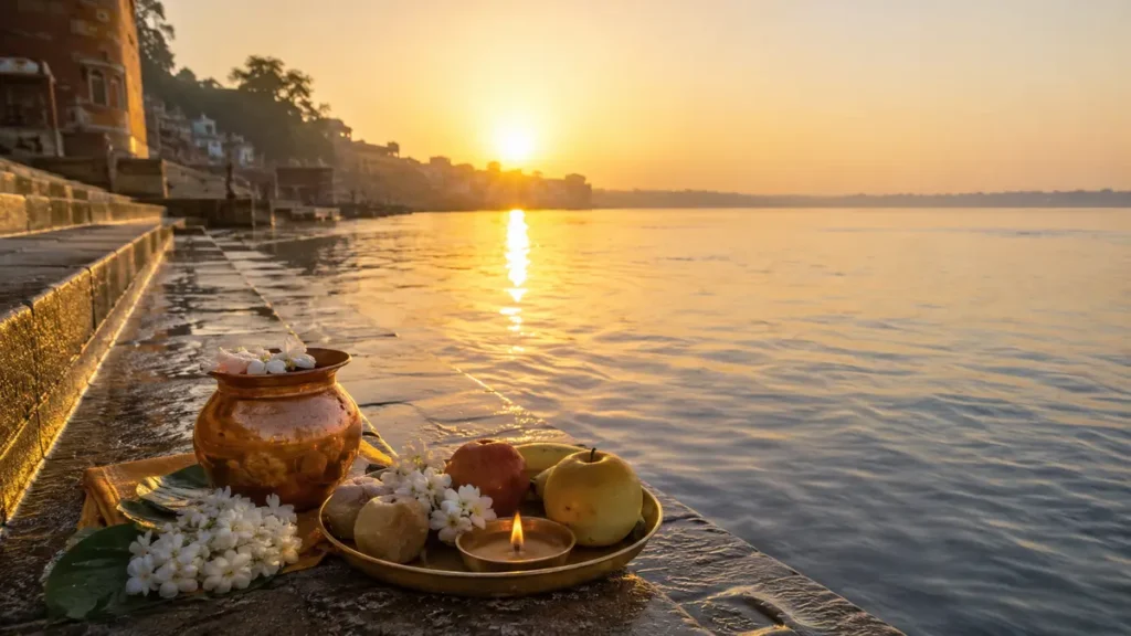 गंगा दशहरा पूजा विधि के लिए सजी पूजा चौकी और प्रमुख सामग्री
