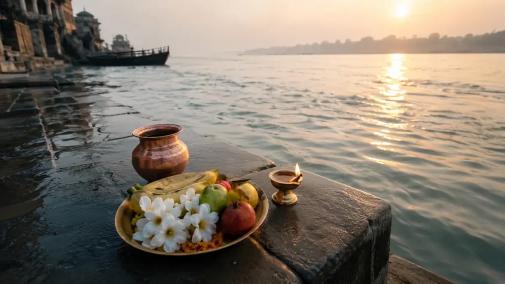 गंगा माता पूजा विधि के लिए सजी पूजा चौकी और प्रमुख सामग्री