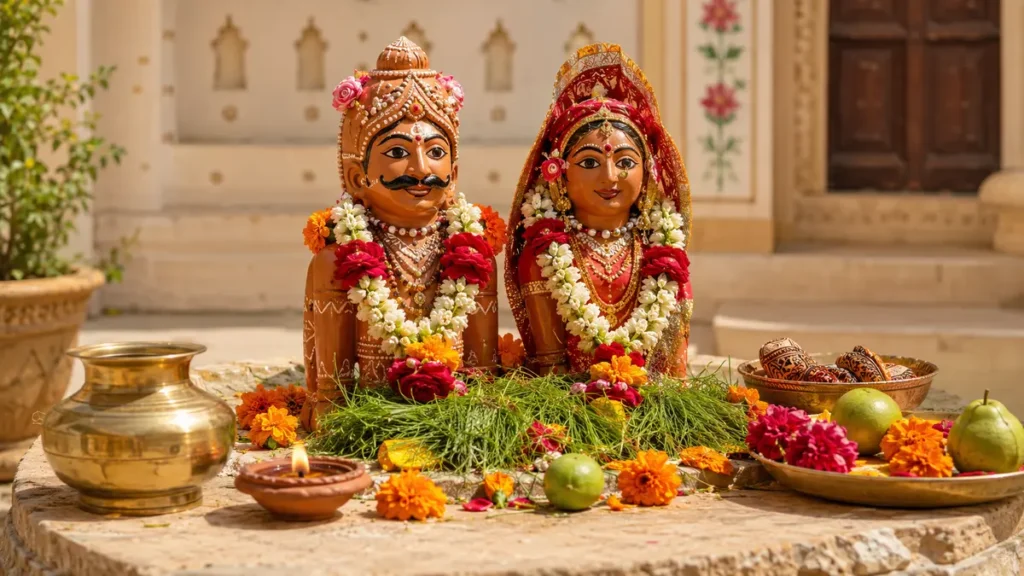 गणगौर पूजा विधि के लिए सजी पूजा चौकी और प्रमुख सामग्री