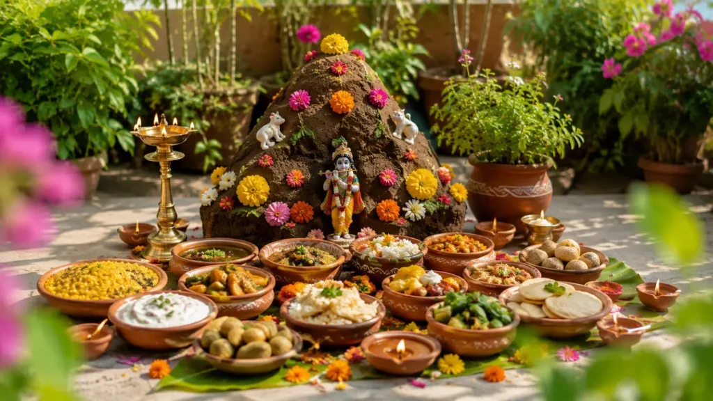 गोवर्धन पूजा और अन्नकूट विधि के लिए सजी पूजा चौकी और प्रमुख सामग्री