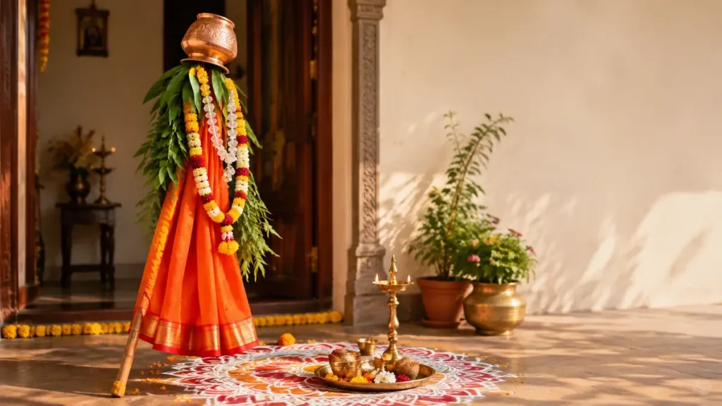 गुड़ी पड़वा पूजा विधि के लिए सजी पूजा चौकी और प्रमुख सामग्री