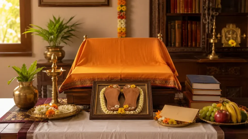 गुरु पूर्णिमा पूजा विधि के लिए सजी पूजा चौकी और प्रमुख सामग्री