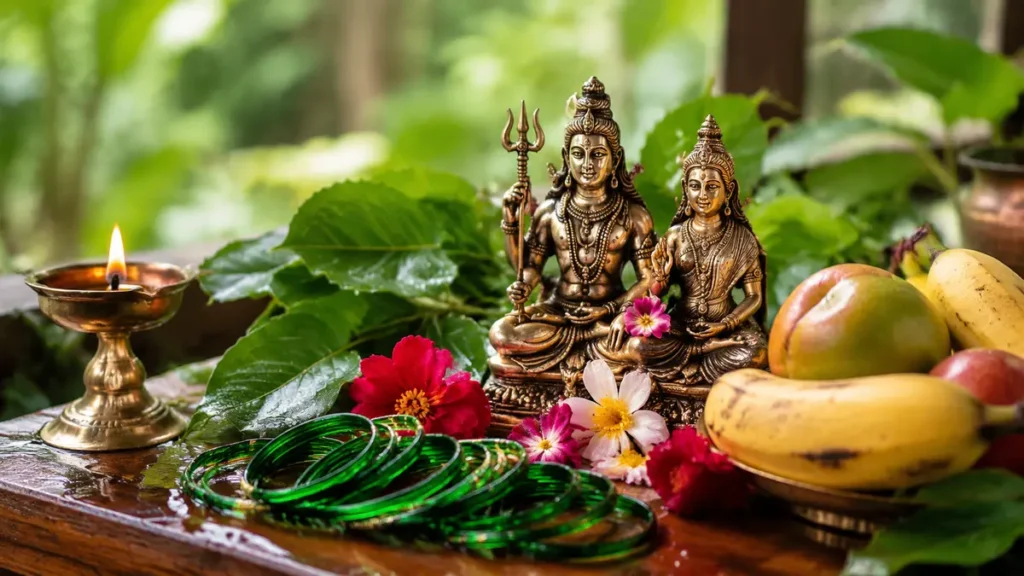 हरियाली तीज पूजा विधि के लिए सजी पूजा चौकी और प्रमुख सामग्री