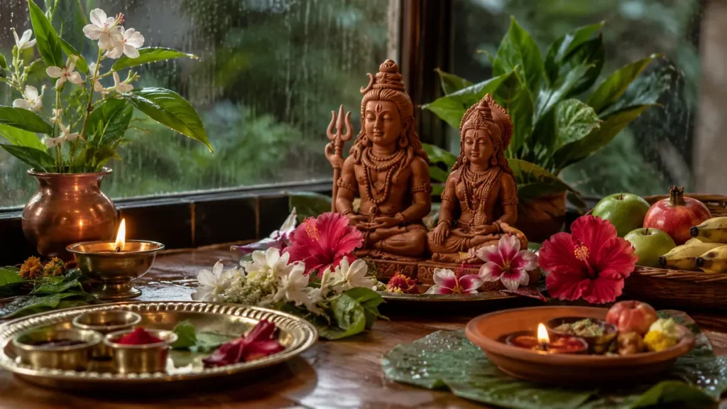 हरतालिका तीज पूजा विधि के लिए सजी पूजा चौकी और प्रमुख सामग्री