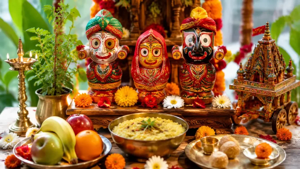 जगन्नाथ रथ यात्रा पूजा विधि के लिए सजी पूजा चौकी और प्रमुख सामग्री
