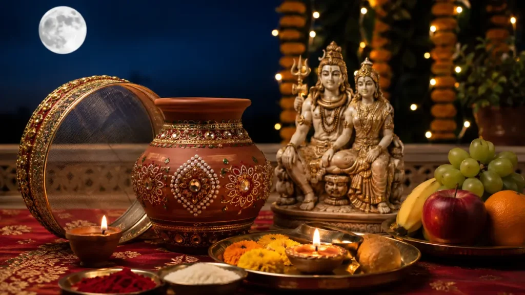 करवा चौथ पूजा विधि के लिए सजी पूजा चौकी और प्रमुख सामग्री