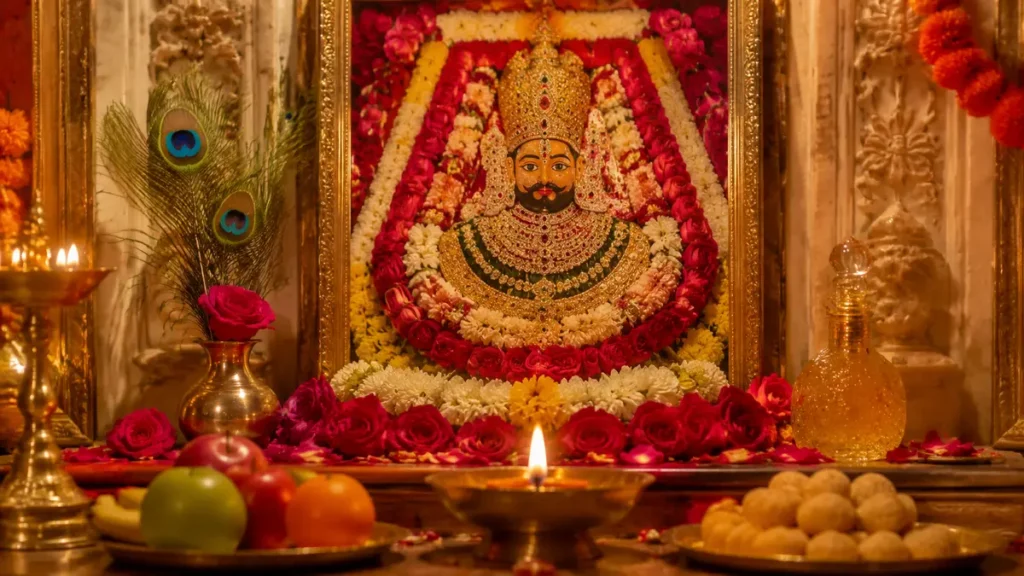 खाटू श्याम जी पूजा विधि के लिए सजी पूजा चौकी और प्रमुख सामग्री
