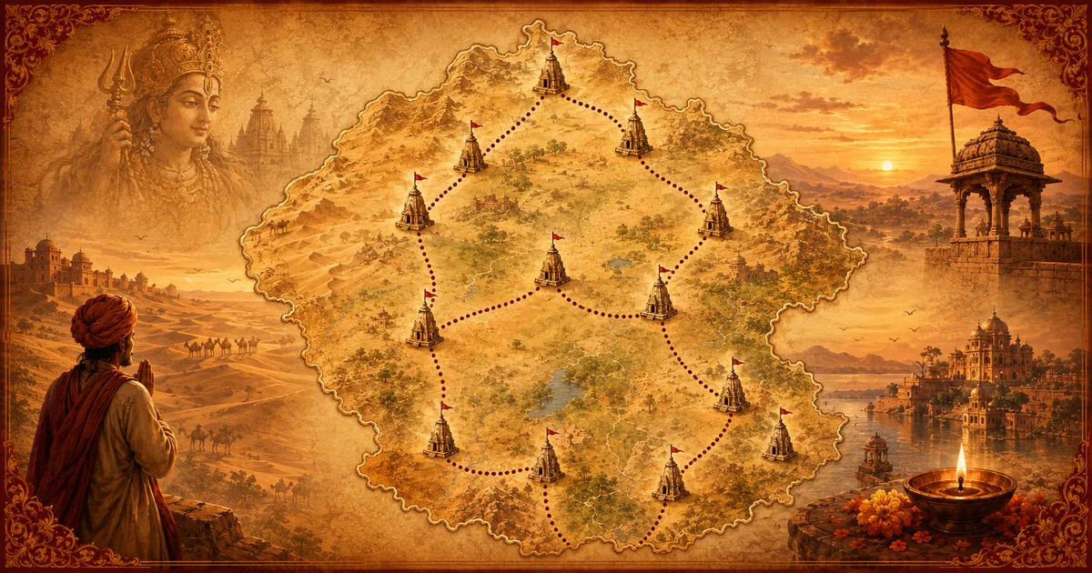 Khatu Shyam Ji Yatra Circuits — illustrated Rajasthan pilgrimage map with temple shikharas, dotted circuit routes and golden sunset