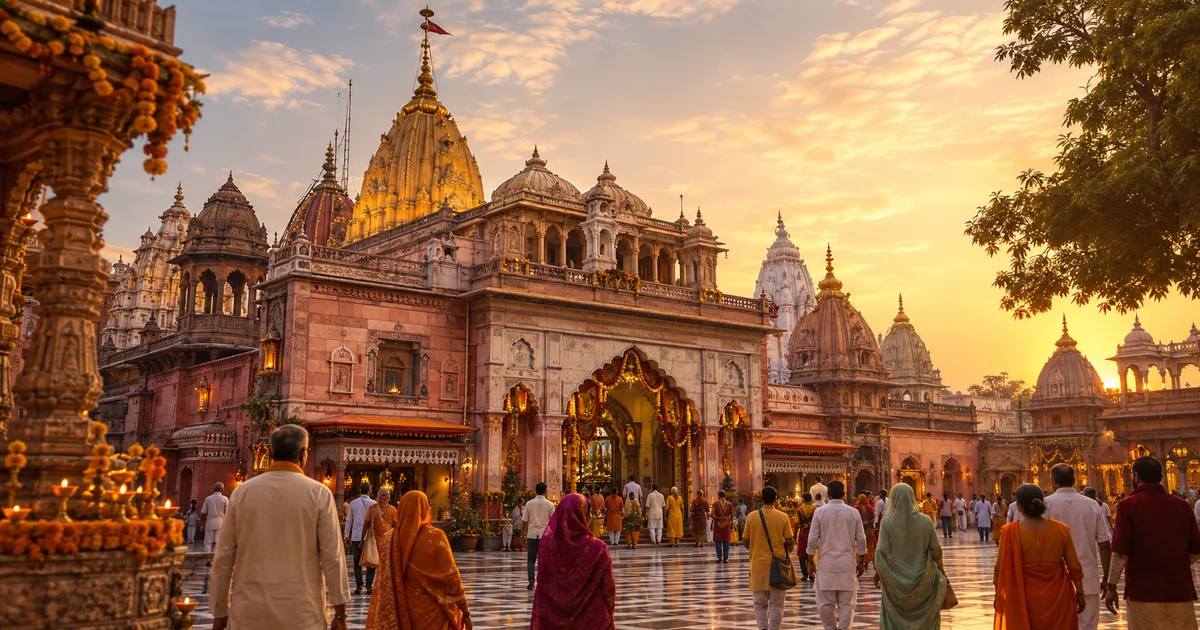 श्रीकृष्ण जन्मभूमि मथुरा मंदिर परिसर का भक्तिमय स्वर्णिम दृश्य