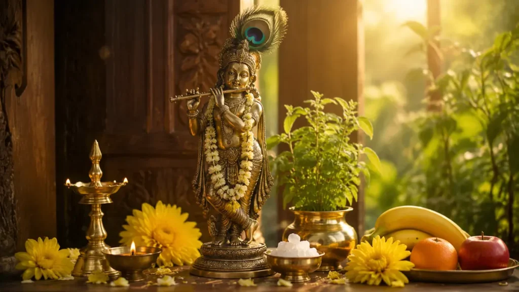 श्री कृष्ण पूजा विधि के लिए सजी पूजा चौकी और प्रमुख सामग्री