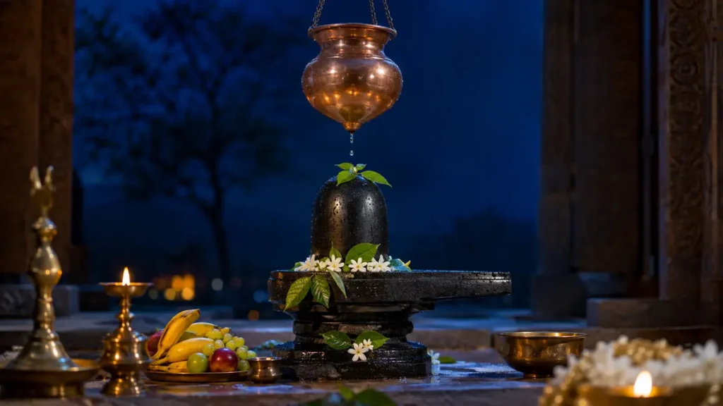 महाशिवरात्रि पूजा विधि के लिए सजी पूजा चौकी और प्रमुख सामग्री