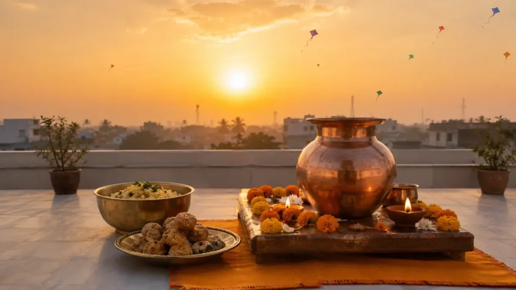 मकर संक्रांति पूजा विधि के लिए सजी पूजा चौकी और प्रमुख सामग्री