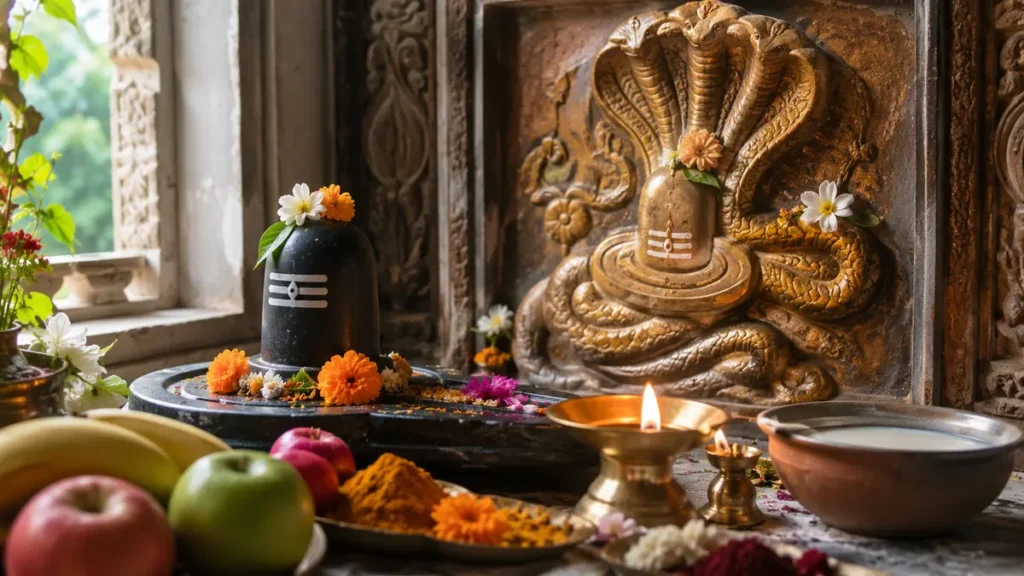 नाग पंचमी पूजा विधि के लिए सजी पूजा चौकी और प्रमुख सामग्री