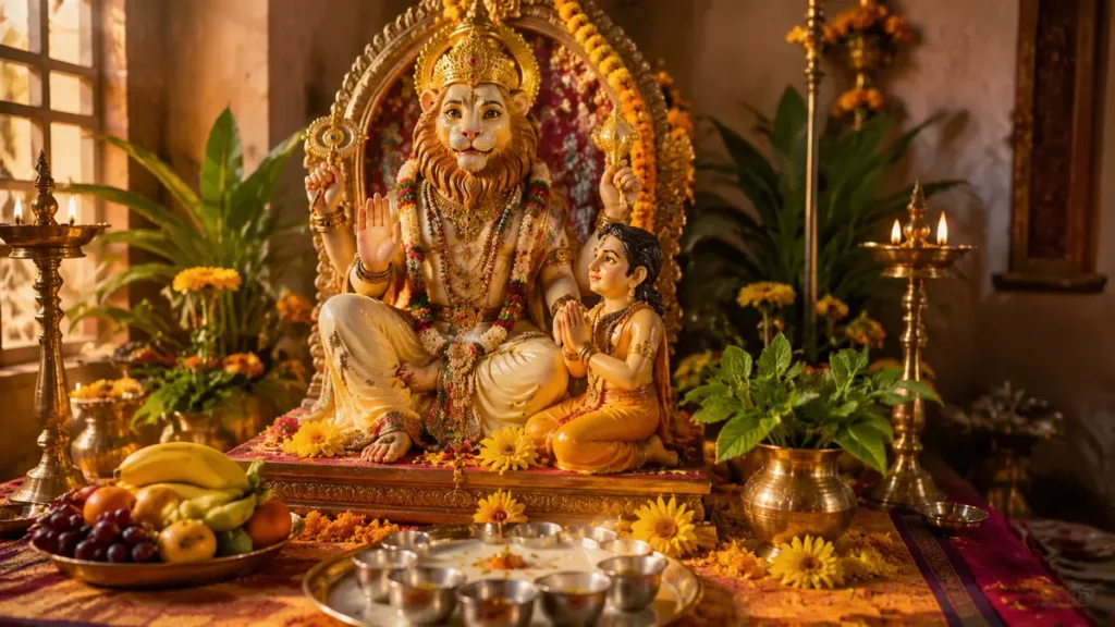 नरसिंह जयंती पूजा विधि के लिए सजी पूजा चौकी और प्रमुख सामग्री