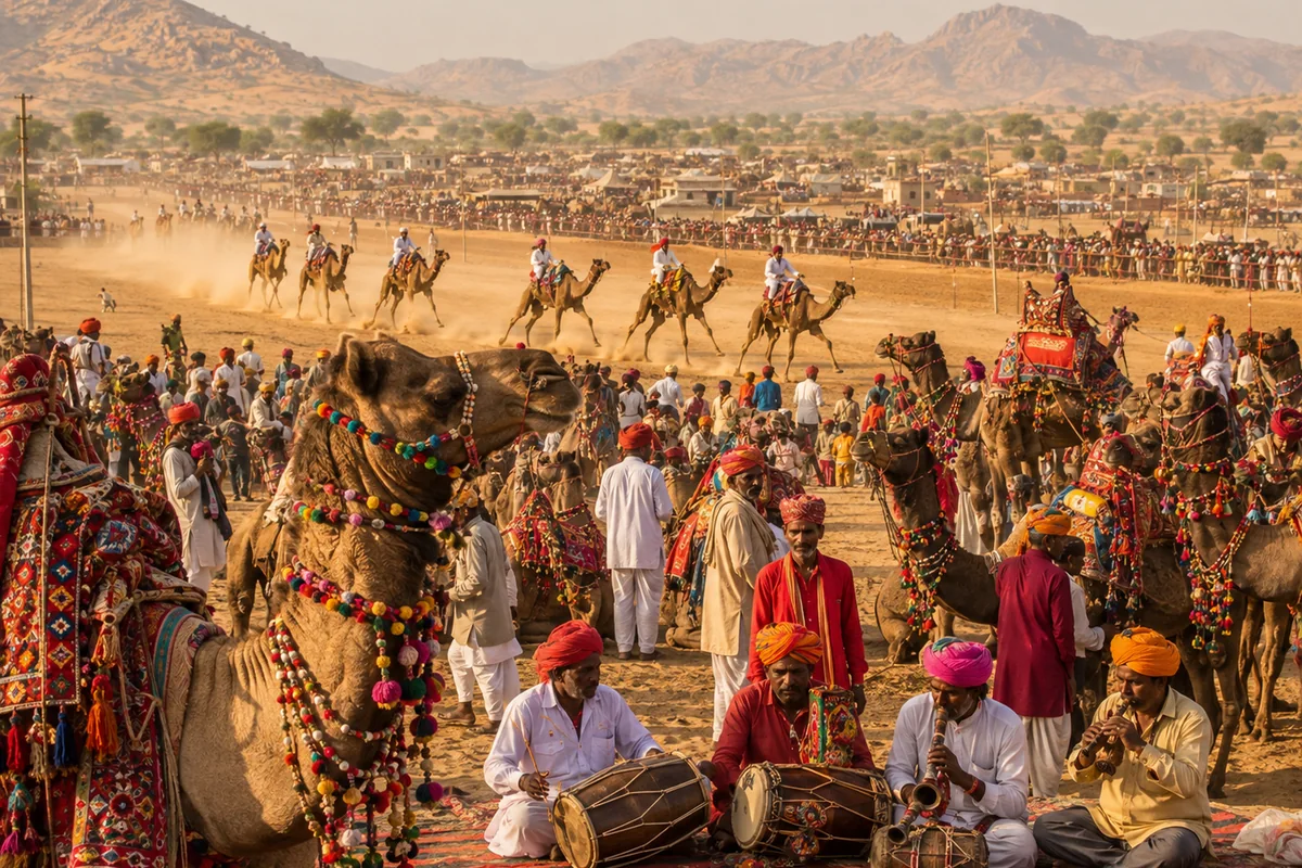 Pushkar Camel Fair Rajasthan — सजे हुए ऊँट, रंग-बिरंगे राजस्थानी लोक संगीतकार और मेले का दृश्य