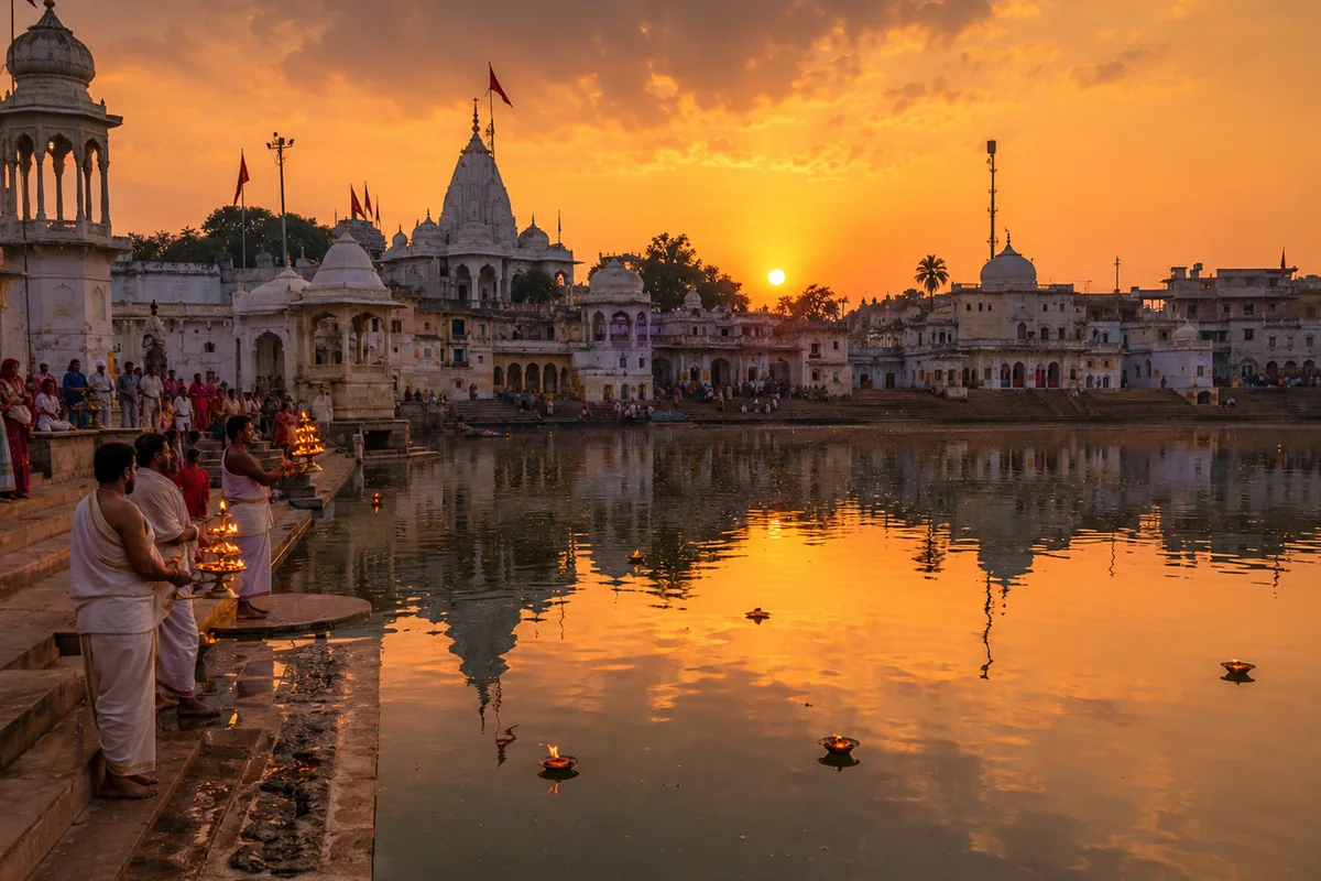 Pushkar Sarovar घाट पर सूर्यास्त — पुजारी दीपों से आरती करते हुए, जल पर तैरते दिये और मंदिरों का प्रतिबिम्ब