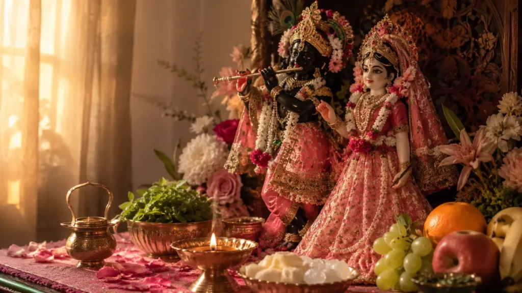 राधा अष्टमी पूजा विधि के लिए सजी पूजा चौकी और प्रमुख सामग्री