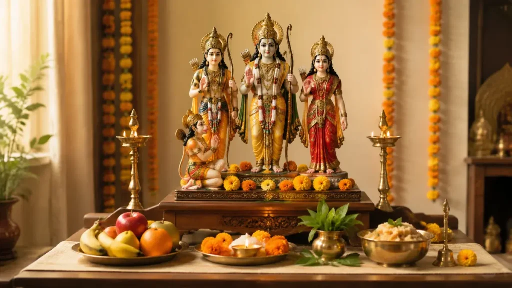 राम नवमी पूजा विधि के लिए सजी पूजा चौकी और प्रमुख सामग्री