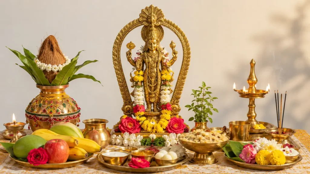 सत्यनारायण पूजा विधि के लिए सजी पूजा चौकी और प्रमुख सामग्री