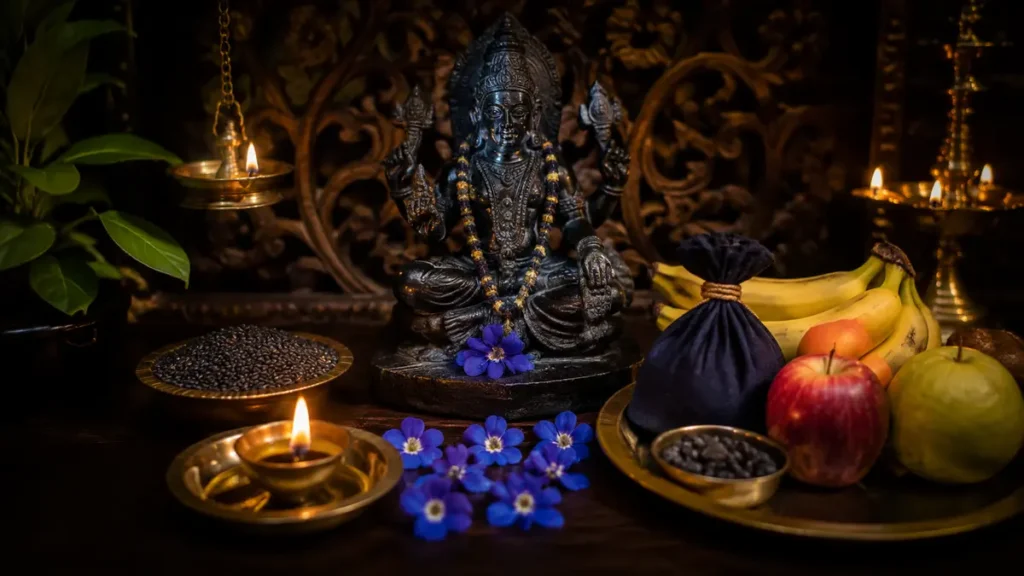 शनिदेव पूजा विधि के लिए सजी पूजा चौकी और प्रमुख सामग्री