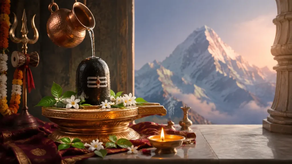 भगवान शिव पूजा विधि के लिए सजी पूजा चौकी और प्रमुख सामग्री