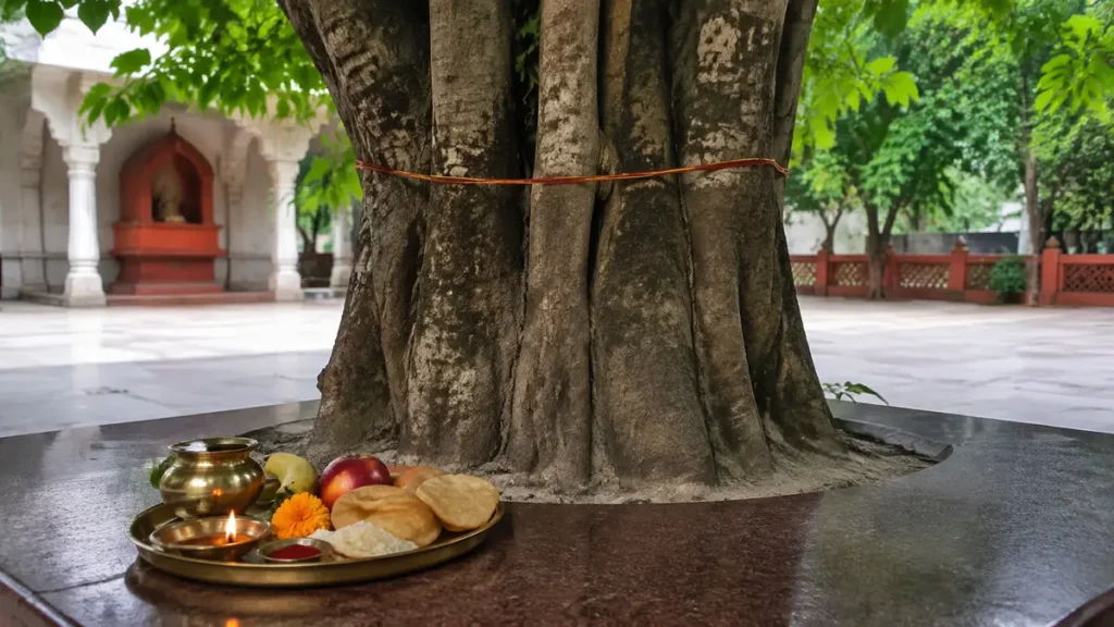 वट पूर्णिमा पूजा विधि के लिए सजी पूजा चौकी और प्रमुख सामग्री