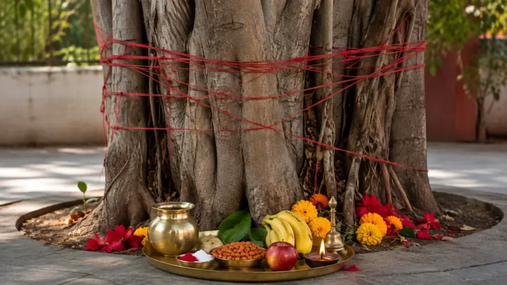 वट सावित्री पूजा विधि के लिए सजी पूजा चौकी और प्रमुख सामग्री