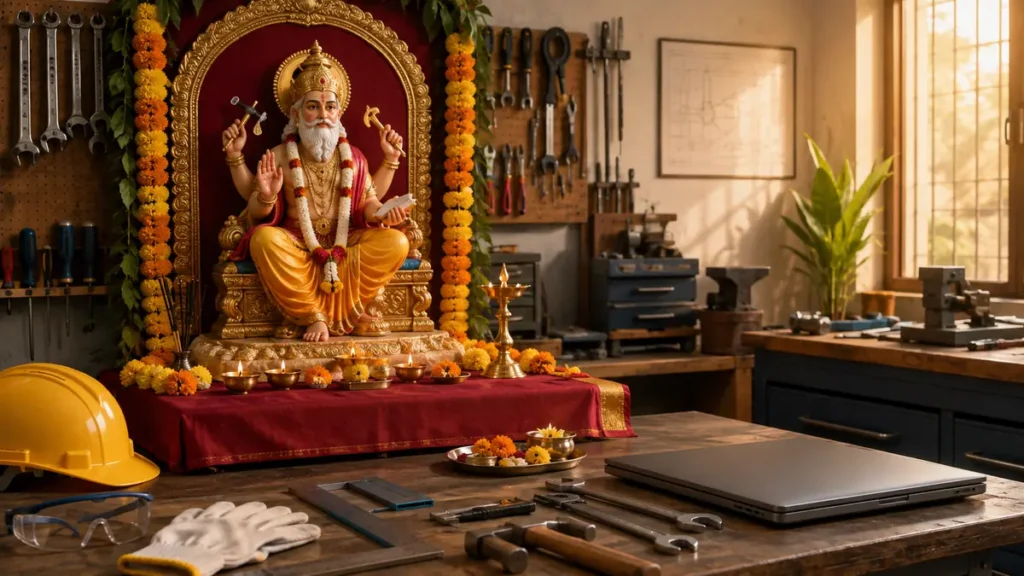 विश्वकर्मा पूजा विधि के लिए सजी पूजा चौकी और प्रमुख सामग्री