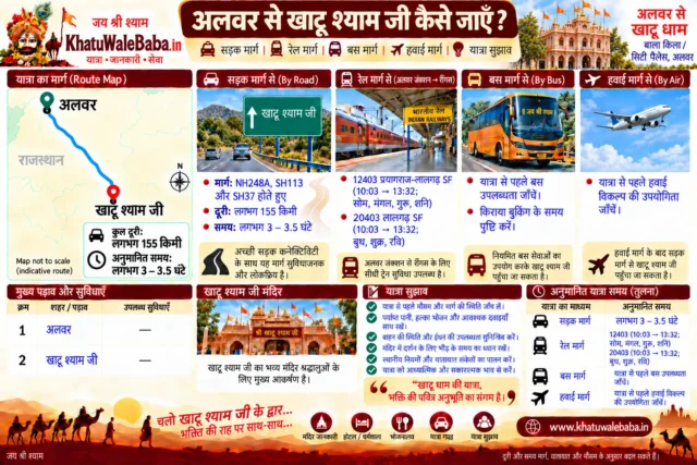 अलवर से खाटू श्याम जी कैसे जाएँ — सड़क, रेल, बस और हवाई मार्ग की पूरी जानकारी (इन्फोग्राफिक)