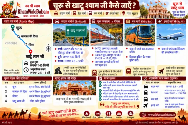 चूरू से खाटू श्याम जी कैसे जाएँ — सड़क, रेल, बस और हवाई मार्ग की पूरी जानकारी (इन्फोग्राफिक)