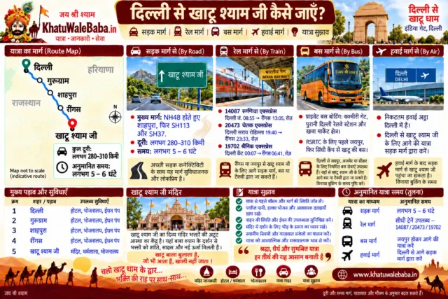 दिल्ली से खाटू श्याम जी कैसे जाएँ — सड़क, रेल, बस और हवाई मार्ग की पूरी जानकारी (इन्फोग्राफिक)
