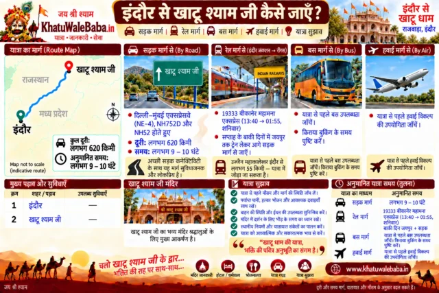 इंदौर से खाटू श्याम जी कैसे जाएँ — सड़क, रेल, बस और हवाई मार्ग की पूरी जानकारी (इन्फोग्राफिक)