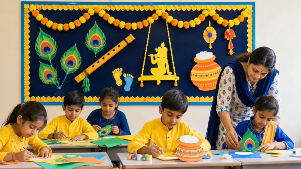 स्कूल कक्षा में मोरपंख, बांसुरी, मटकी और कृष्ण झूले से सजा जन्माष्टमी बोर्ड तथा बच्चों की गतिविधियां
