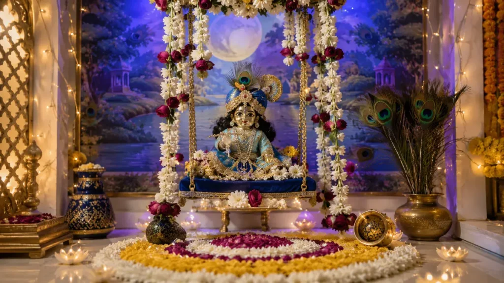 घर पर फूलों के झूले, मोरपंख, मटकी और रंगोली से सजी लड्डू गोपाल की जन्माष्टमी झांकी