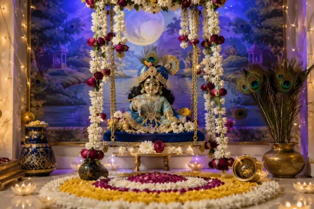 घर पर फूलों के झूले, मोरपंख, मटकी और रंगोली से सजी लड्डू गोपाल की जन्माष्टमी झांकी