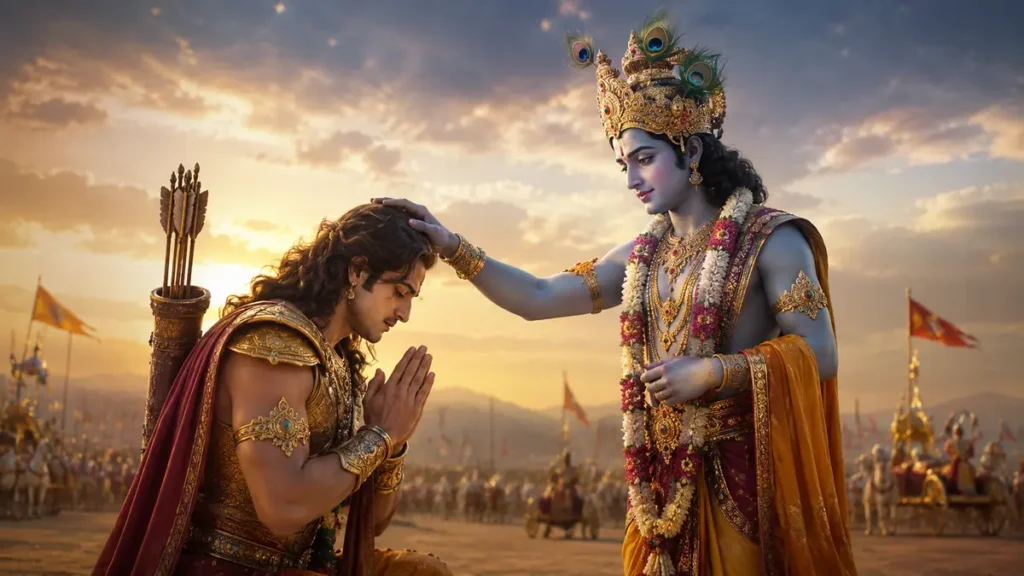 भगवान श्रीकृष्ण वीर बर्बरीक को श्याम नाम का आशीर्वाद देते हुए भक्तिमय दृश्य