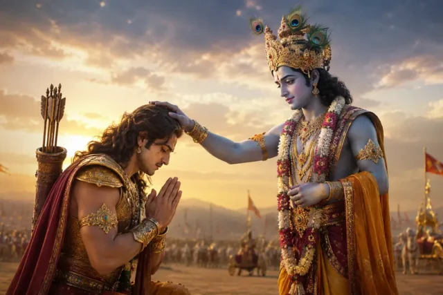 भगवान श्रीकृष्ण वीर बर्बरीक को श्याम नाम का आशीर्वाद देते हुए भक्तिमय दृश्य