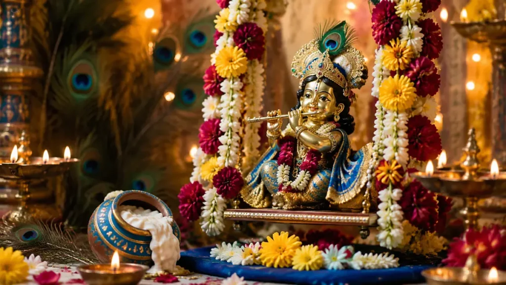 फूलों के झूले पर लड्डू गोपाल और खाटू श्याम भक्ति के रंगों वाली जन्माष्टमी शुभकामना छवि