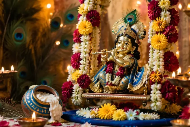 फूलों के झूले पर लड्डू गोपाल और खाटू श्याम भक्ति के रंगों वाली जन्माष्टमी शुभकामना छवि
