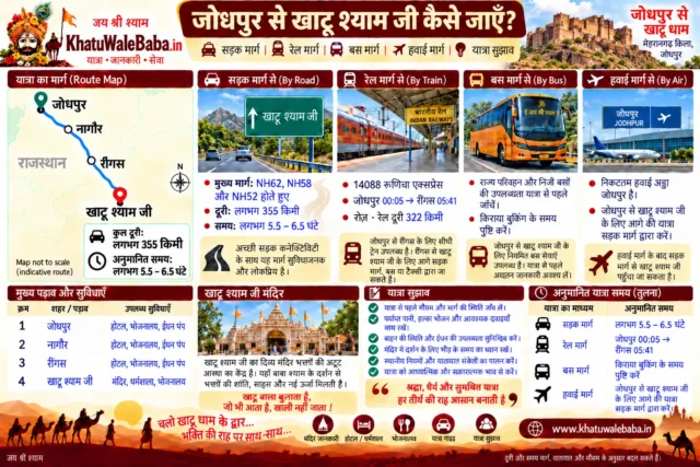 जोधपुर से खाटू श्याम जी कैसे जाएँ — सड़क, रेल, बस और हवाई मार्ग की पूरी जानकारी (इन्फोग्राफिक)