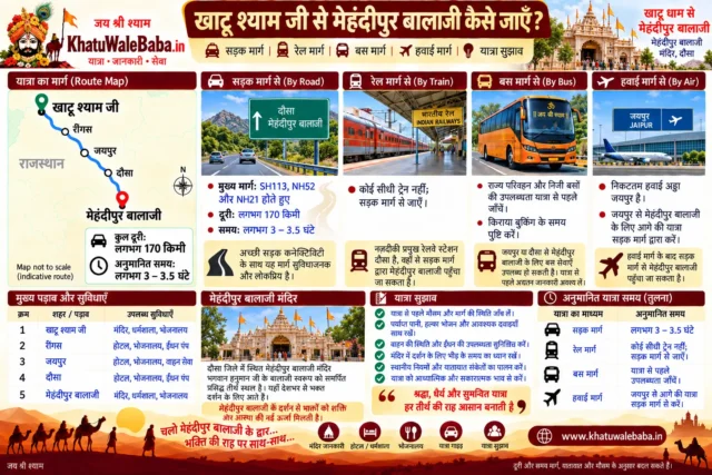 खाटू श्याम जी से मेहंदीपुर बालाजी कैसे जाएँ — सड़क, रेल, बस और हवाई मार्ग की पूरी जानकारी (इन्फोग्राफिक)