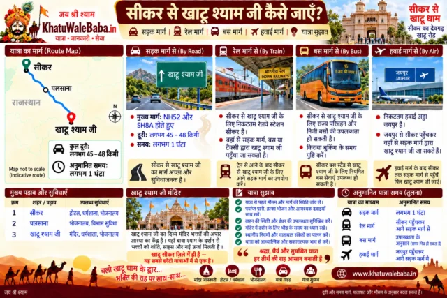 सीकर से खाटू श्याम जी कैसे जाएँ — सड़क, रेल, बस और हवाई मार्ग की पूरी जानकारी (इन्फोग्राफिक)